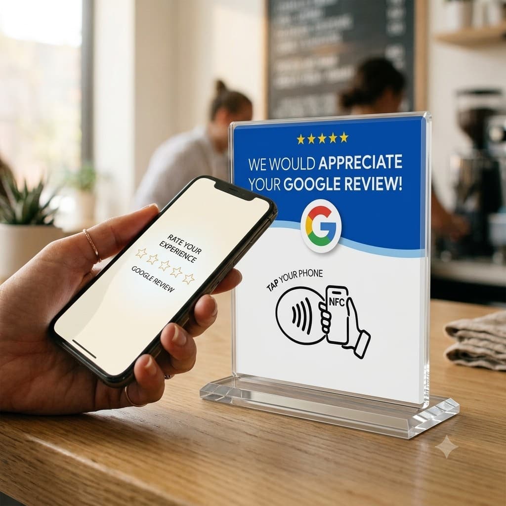 Customer tapping a phone on a VoiceGuard NFC review stand in a cafe